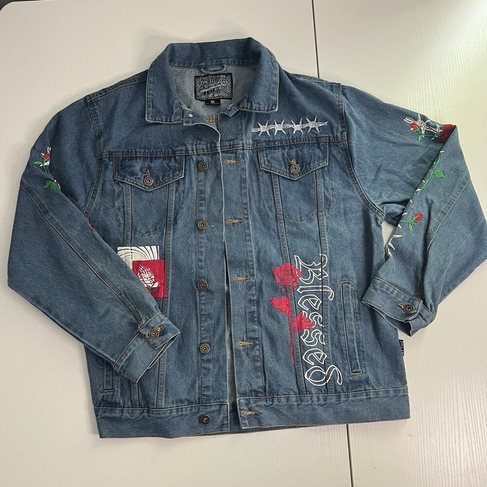 Brooklyn Cloth Blue Denim Jean BLESSED Jacket Embroidery With ROSE SZ XL